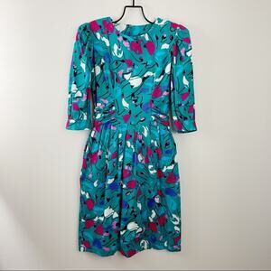 Vintage 80s 90s Lanz Originals Cotton Teal Tulips Floral Puff Sleeve Dress 10